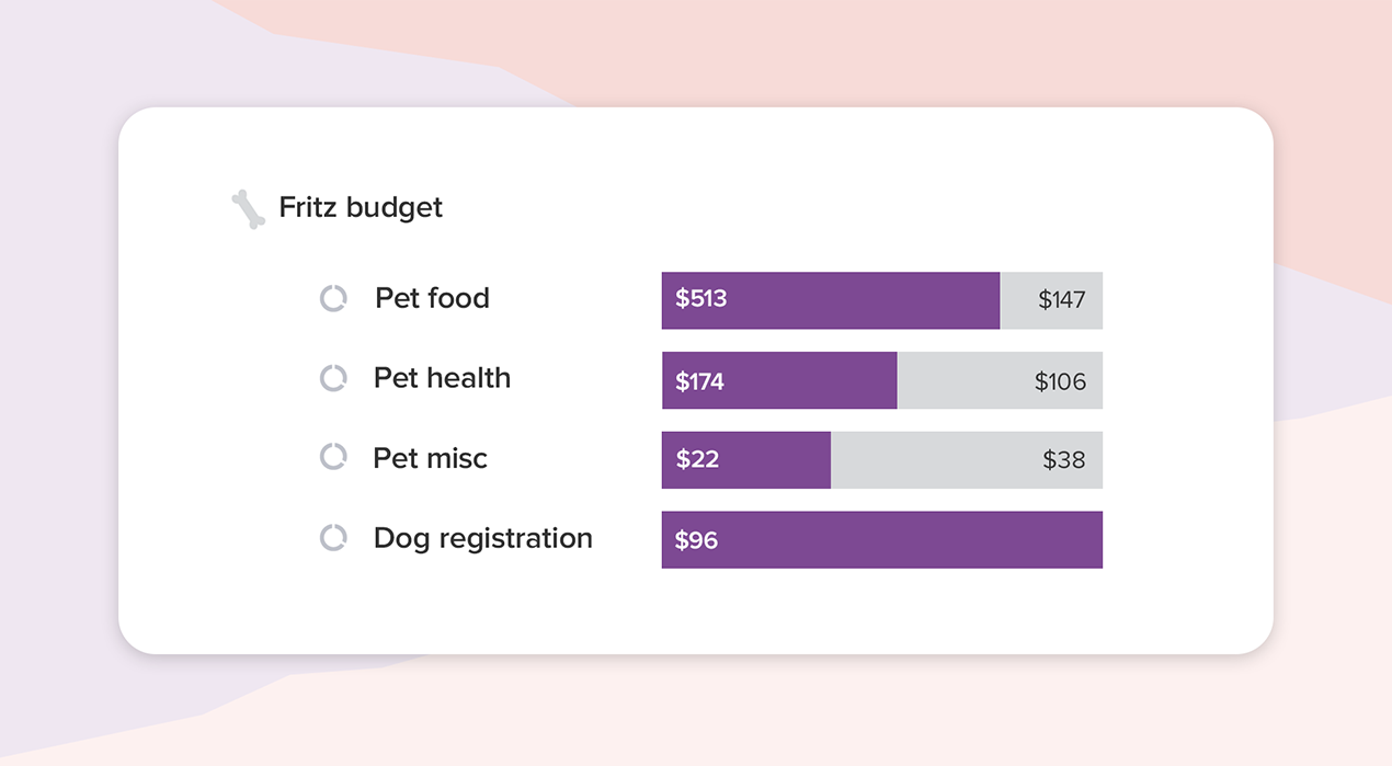 Keep a budget for your pet to track their essential needs Graphs showing various in progress budgets for Fritz the dog
