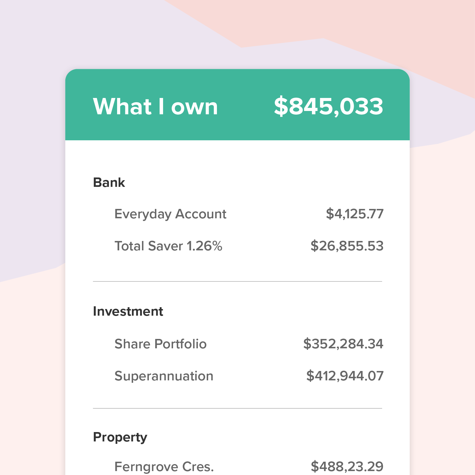 PocketSmith Net Worth page showing assets, including banking and investment accounts, as well as property PocketSmith Net Worth page showing assets, including banking and investment accounts, as well as property