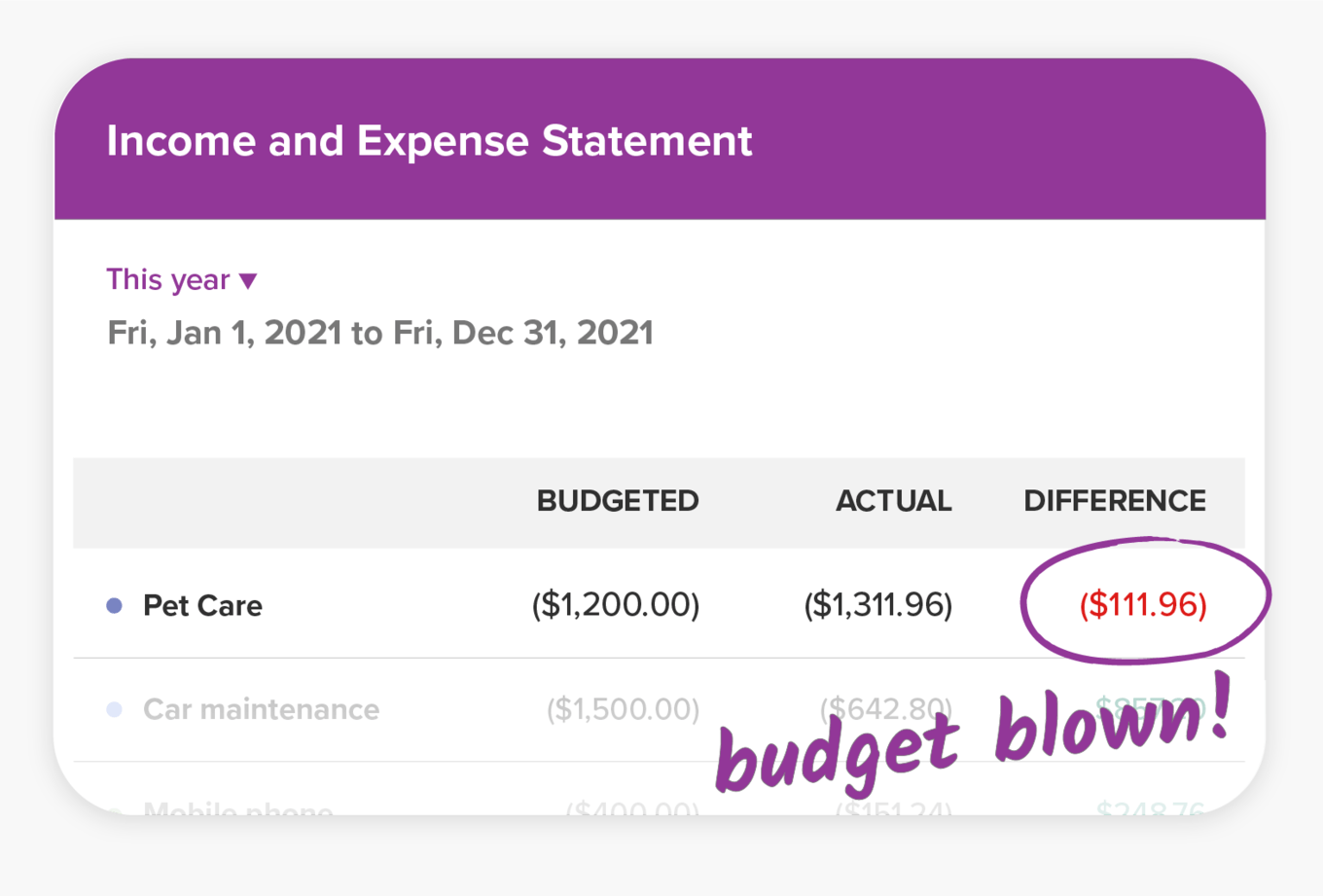 Check the Income & Expense Statement for overspending in any categories PocketSmith Income & Expense Statement showing pet care budget blow out