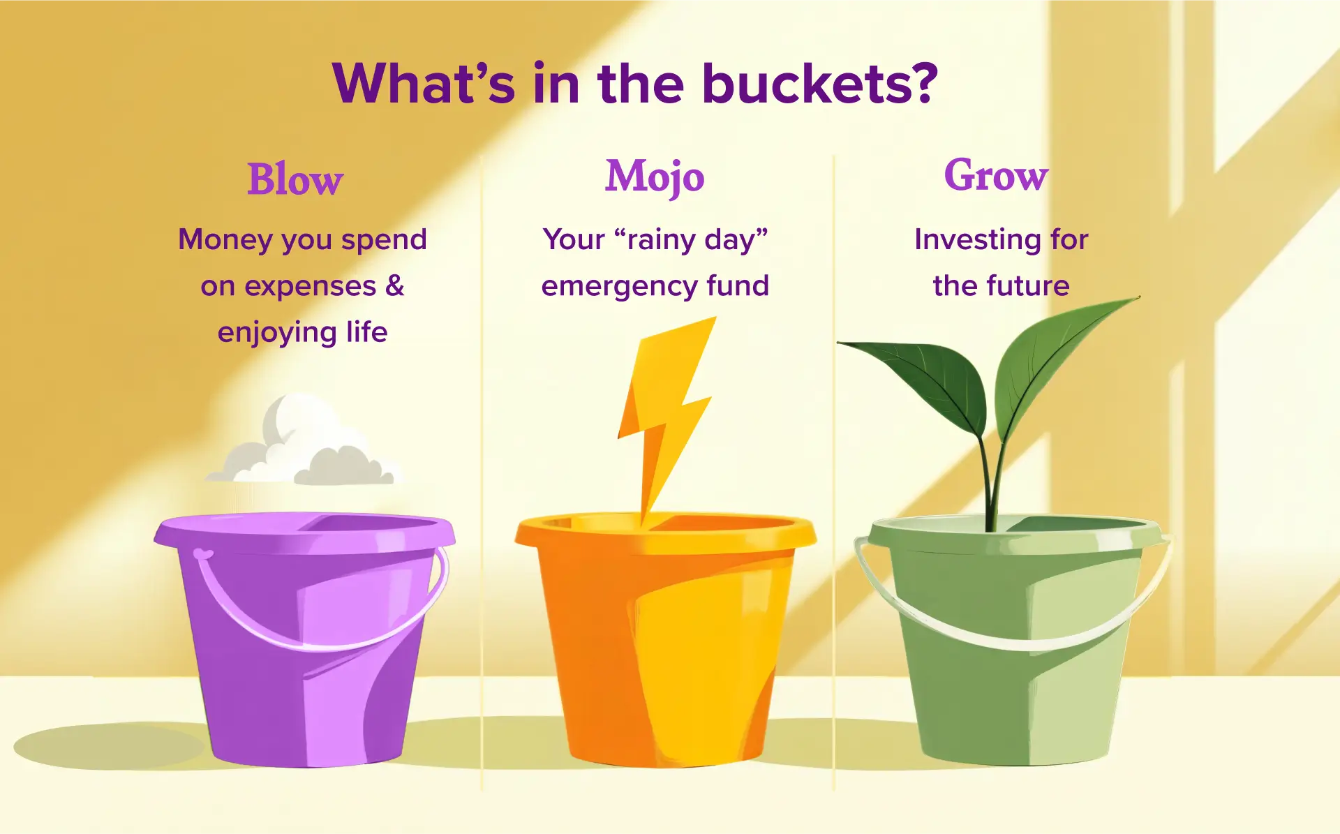 Your three Barefoot Investor buckets (Blow, Mojo and Grow) and what money goes into them